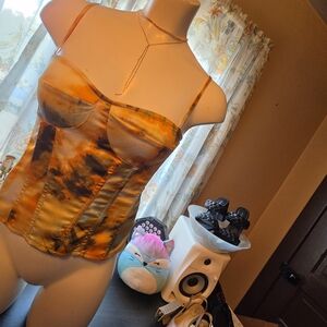 PrettyLittleThing Orange and Black Tie-Dye Satin Corset Top